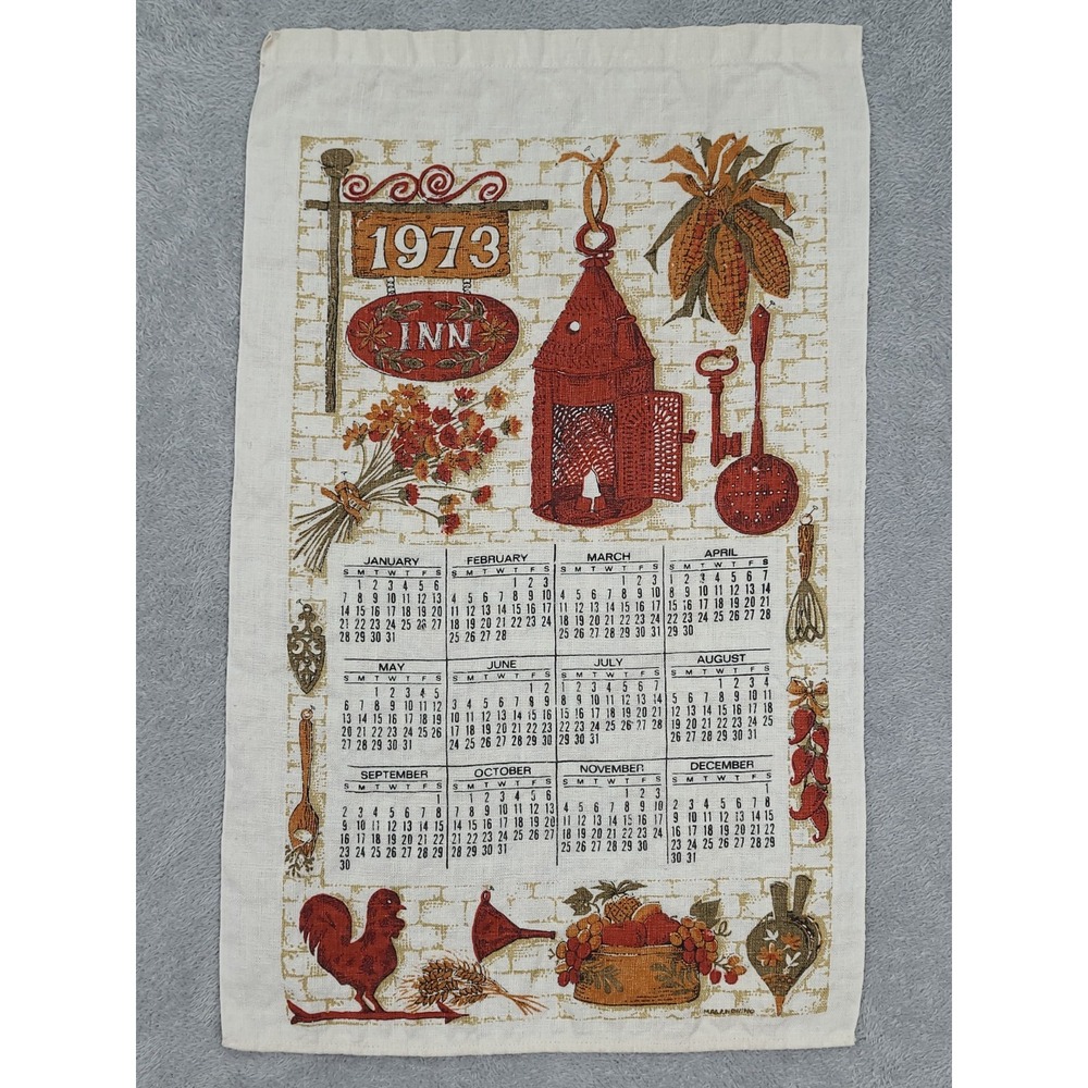 1973 Calendar Kitchen Linen Towel Vintage Fall and Autumn Inn 25" x 15.5"